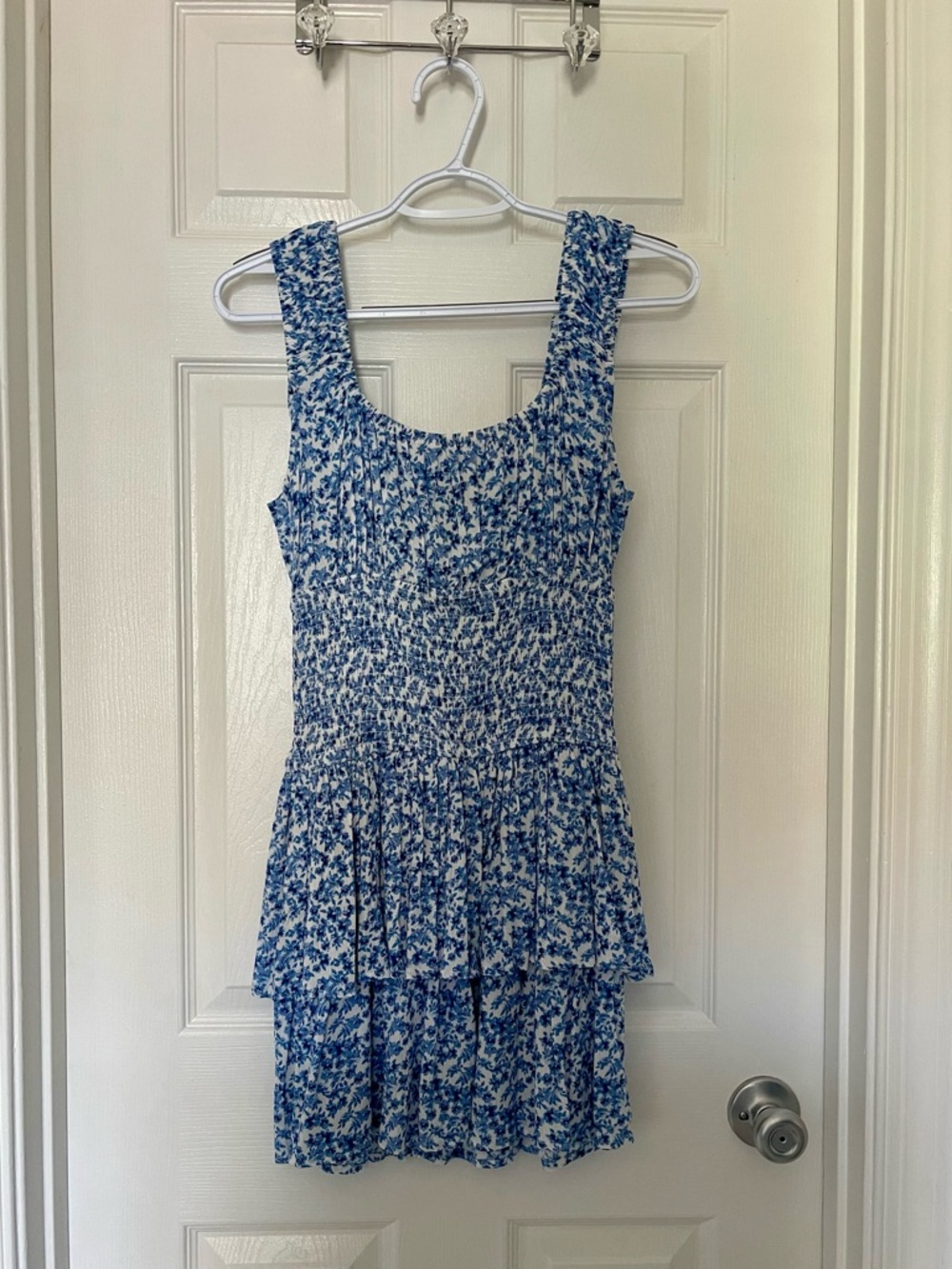 Blue Floral Smocked Tiered Mini Dress